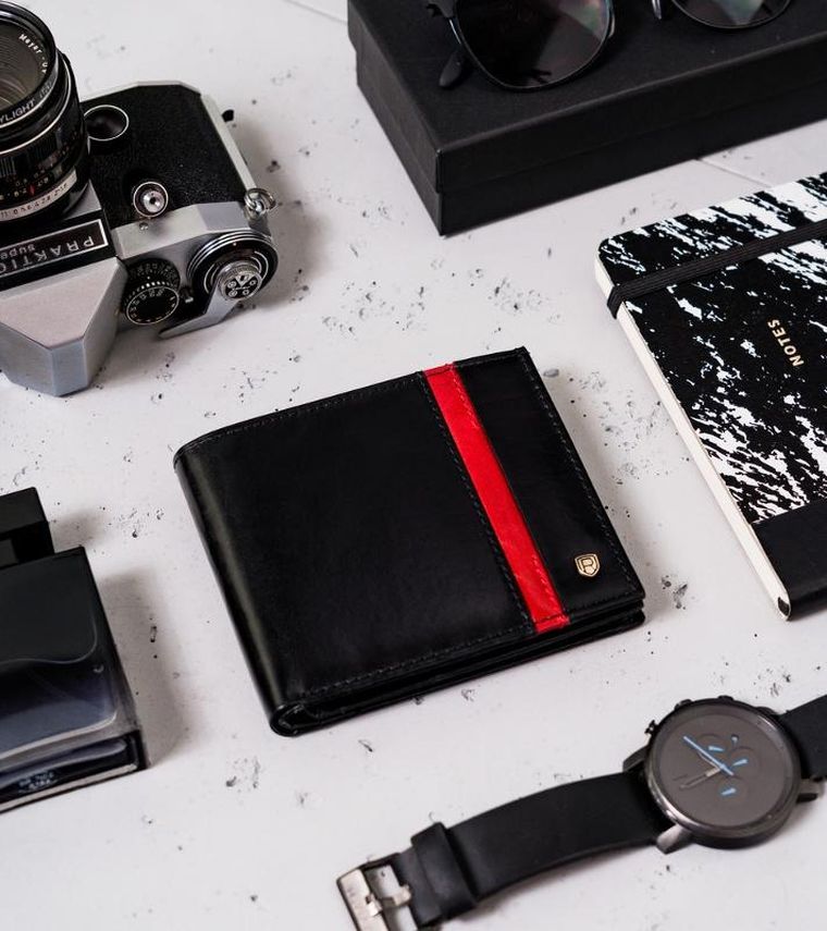 Portfel, czarno-czerwony, skórzany, RFID, Rovicky