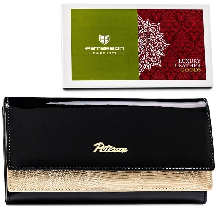 Portfel, czarno-złoty, skórzany, Petereson