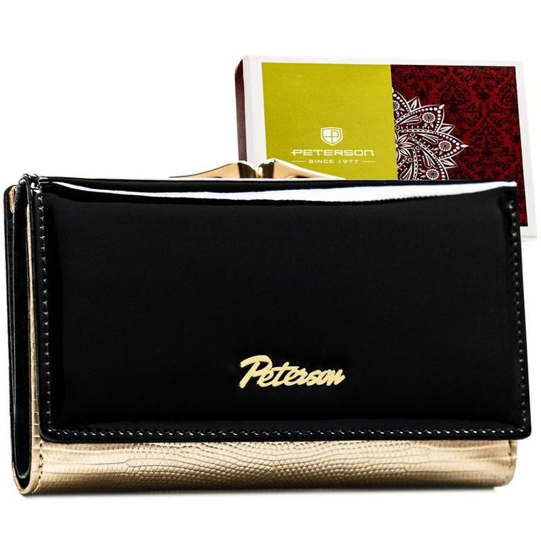 Portfel, czarno-złoty, skórzany, RFID, Petereson
