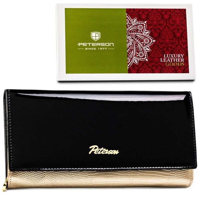 Portfel, czarno-złoty, skórzany, RFID, Petereson