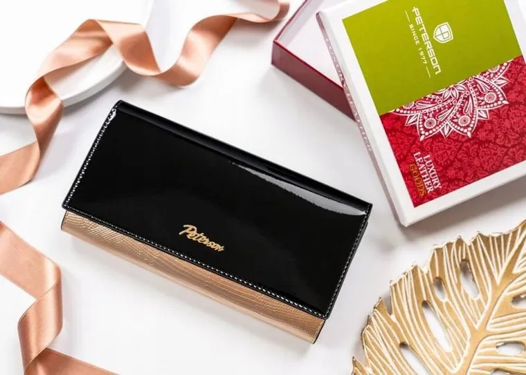 Portfel, czarno-złoty, skórzany, RFID, Peterson