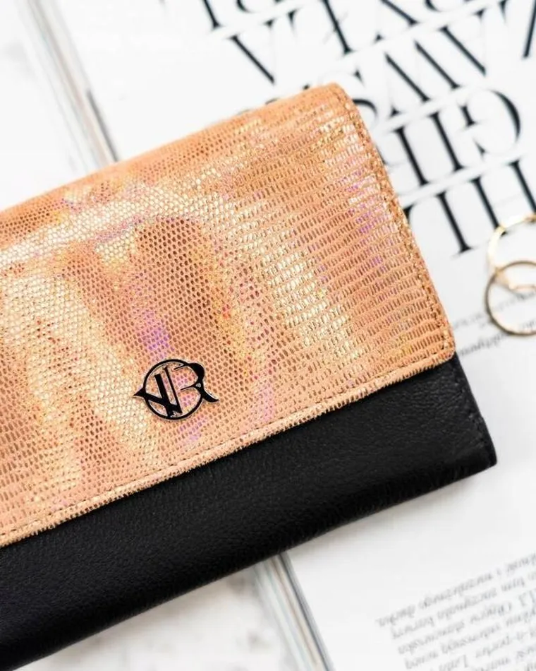 Portfel, czarno-złoty, skórzany, Rovicky