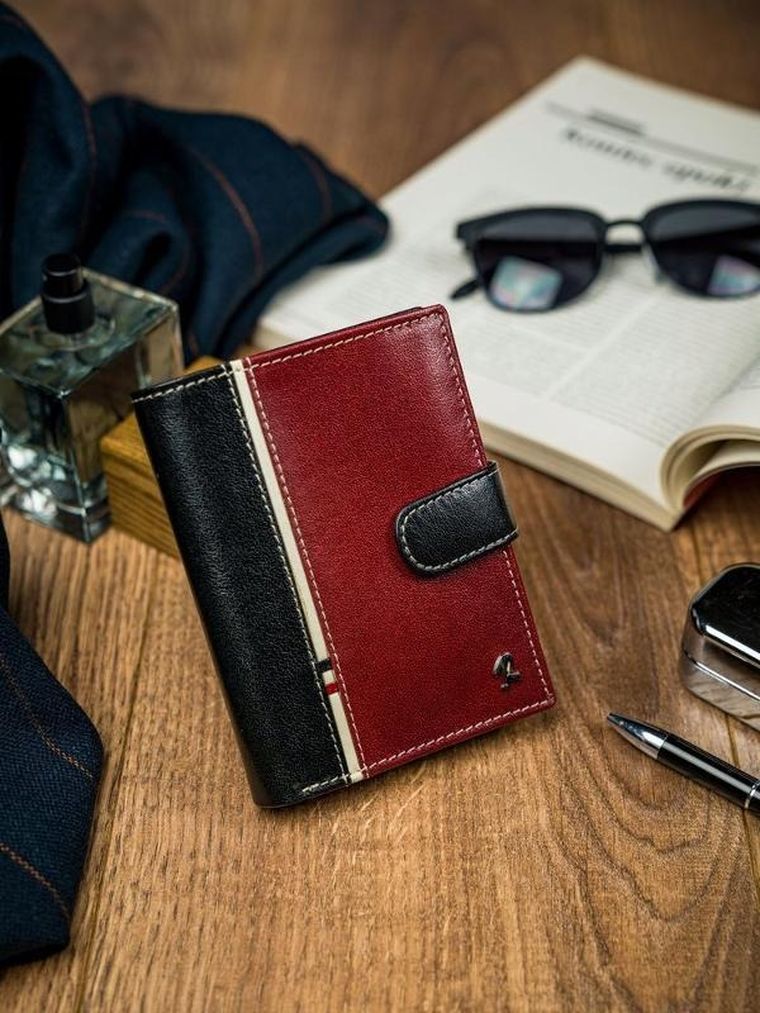 Portfel, czerwono-czarny, skórzany, RFID, Rovicky