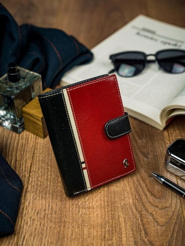 Portfel, czerwono-czarny, skórzany, RFID, Rovicky