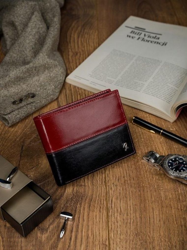 Portfel, czerwono-czarny, skórzany, RFID, Rovicky