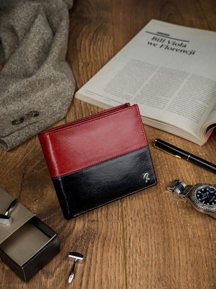 Portfel, czerwono-czarny, skórzany, RFID, Rovicky