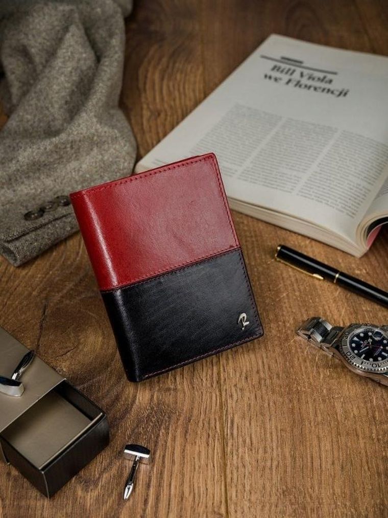 Portfel, czerwono-czarny, skórzany, RFID, Rovicky