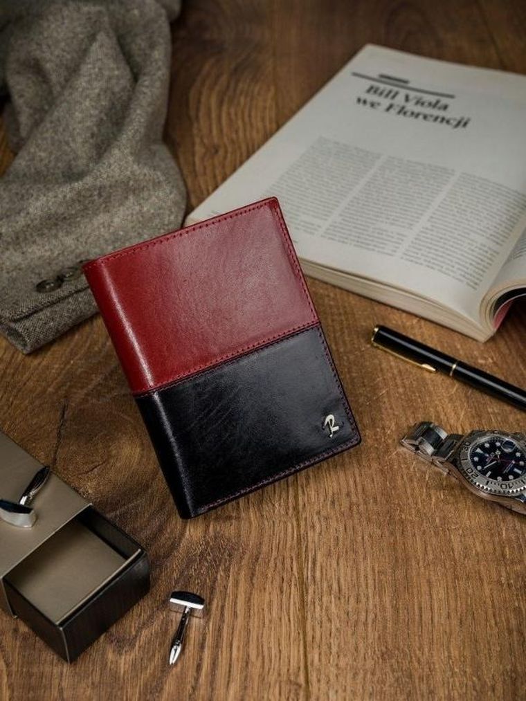 Portfel, czerwono-czarny, skórzany, RFID, Rovicky