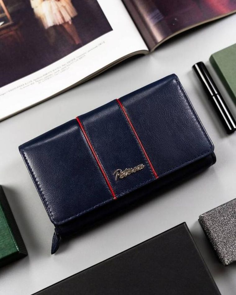 Portfel, granatowy, skórzany, RFID, Peterson