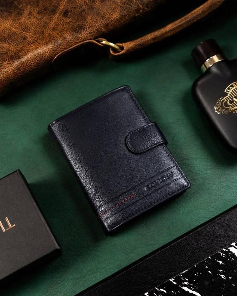 Portfel, granatowy, skórzany, RFID, Rovicky