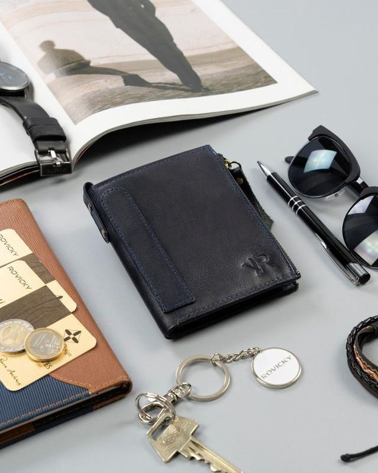 Portfel, granatowy, skórzany, RFID, Rovicky