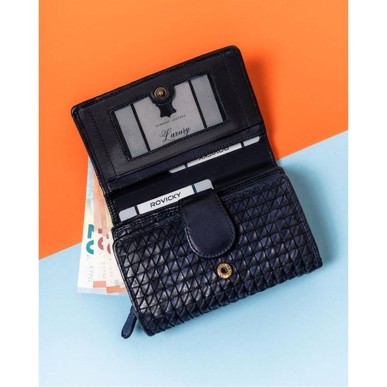 Portfel, granatowy, skórzany, RFID, Rovicky