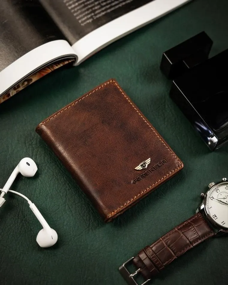 Portfel na karty, brązowy, skórzany, Peterson