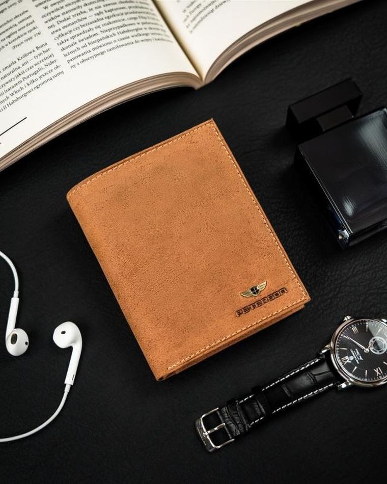 Portfel na karty, brązowy, skórzany, Peterson