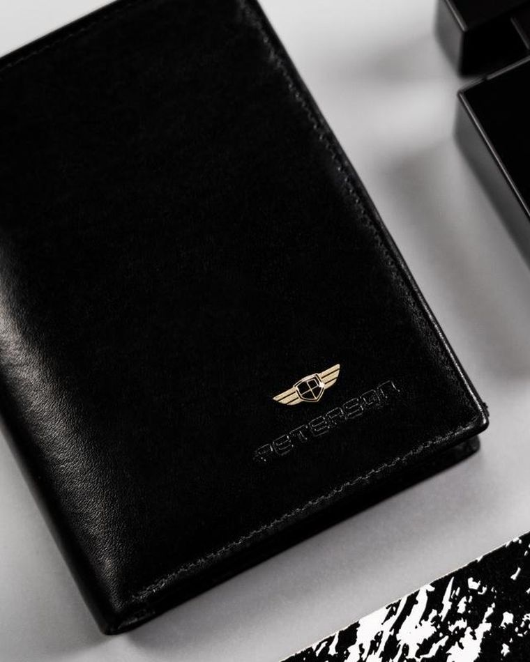 Portfel na karty, czarny, skórzany, RFID, Peterson