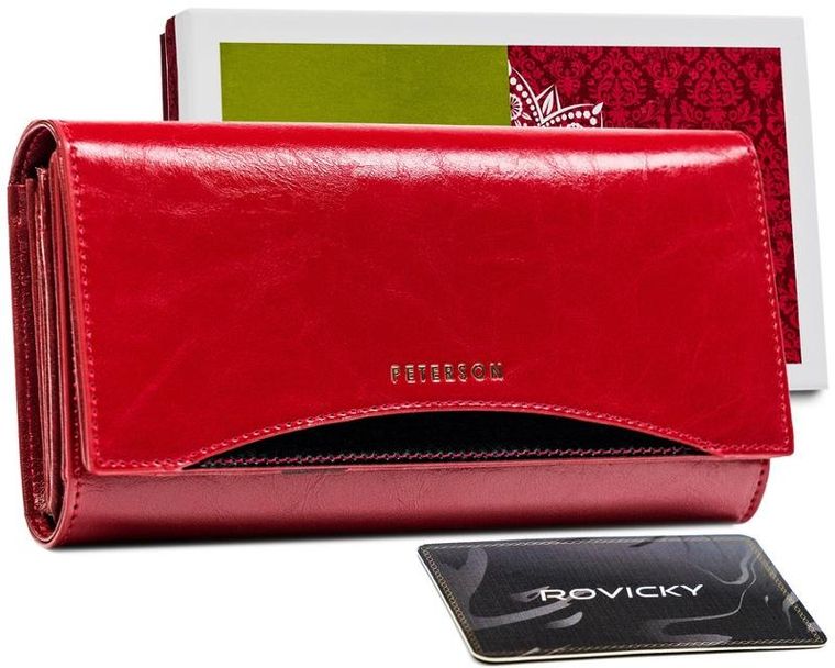 Portfel na karty, czerwony, skórzany, RFID, Peterson
