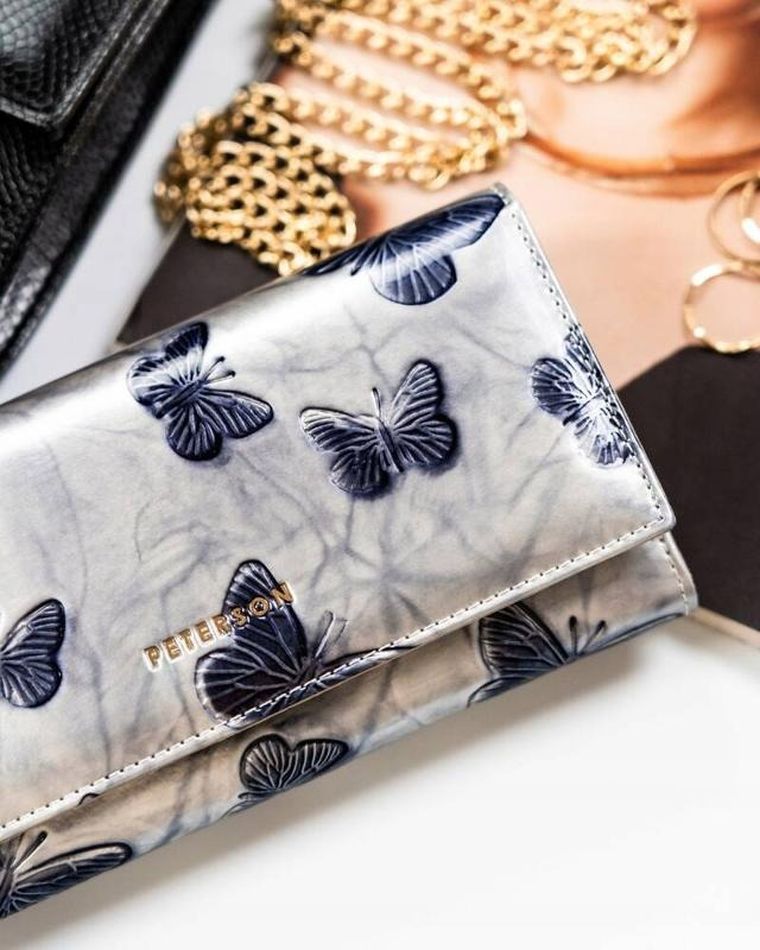 Portfel, srebrno-niebieski, skórzany, RFID, Peterson