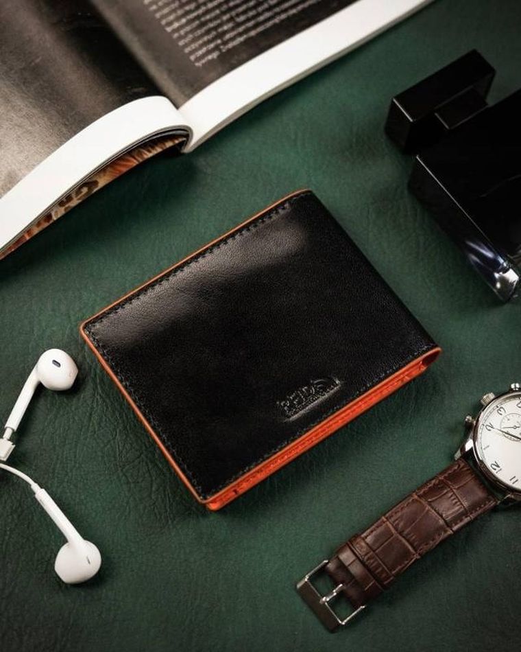 Portfel z kieszonką na kartę, czarno-pomarańczowy, skórzany, Peterson