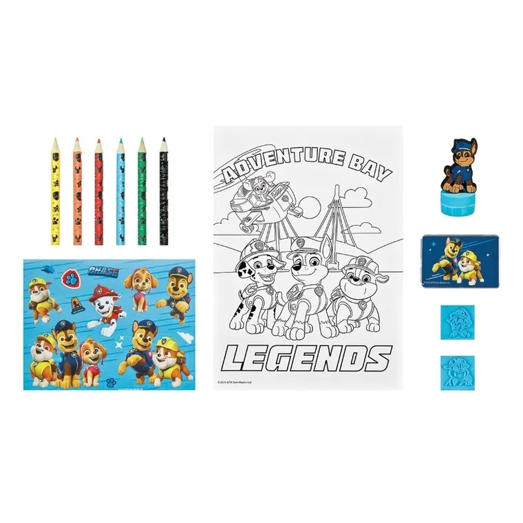 Psi Patrol, zestaw kreatywny, kolorowanki, naklejki i stempel, figurka 2D, 21 elementów