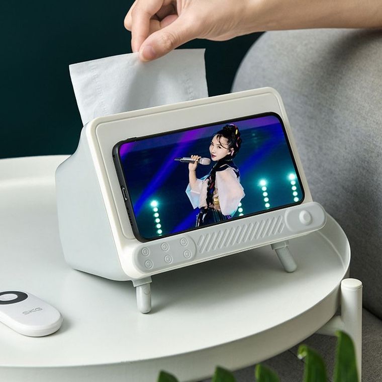 Pudełko na chusteczki z uchwytem na telefon, szare