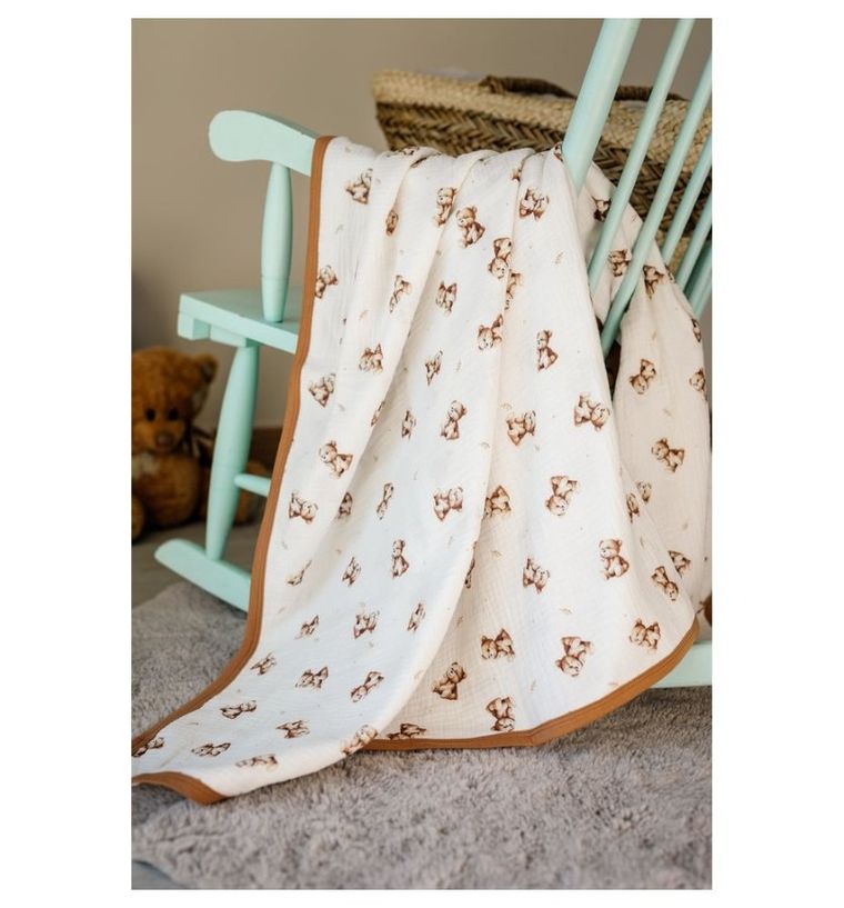 Pulp, Zamyślony Miś, kocyk muślinowy z lamówką, 100-120 cm