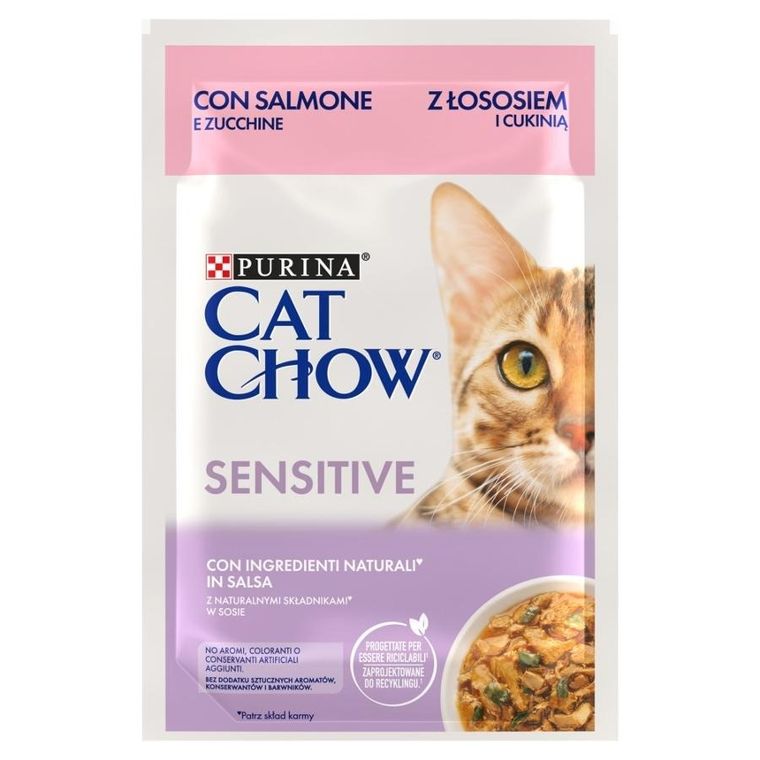 Purina, Cat Chow Sensitive, karma mokra dla kota, łosoś, cukinia, 26-85g