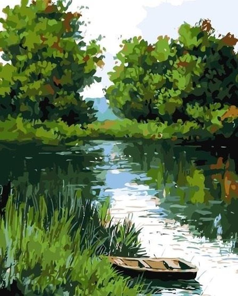 Qbee, malowanie po numerach, Łódź na rzece, 40-50 cm