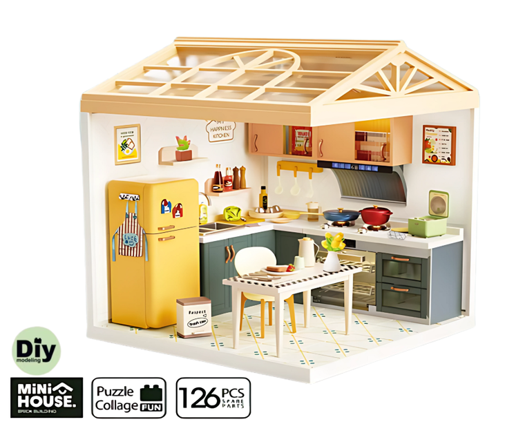 QBI, miniaturowy domek LED, kuchnia, puzzle 3D, 126 elementów