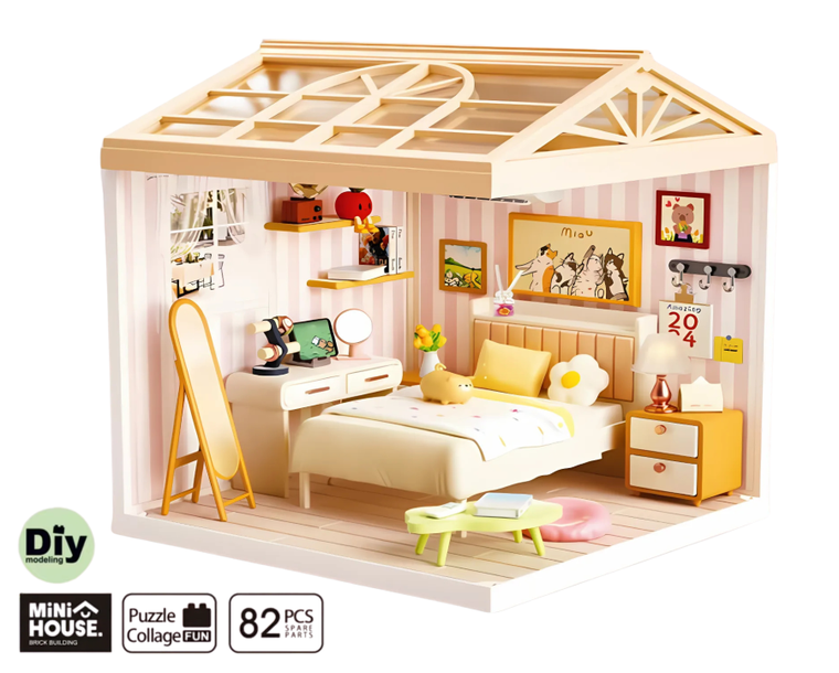 QBI, miniaturowy domek LED, sypialnia, puzzle 3D, 82 elementów