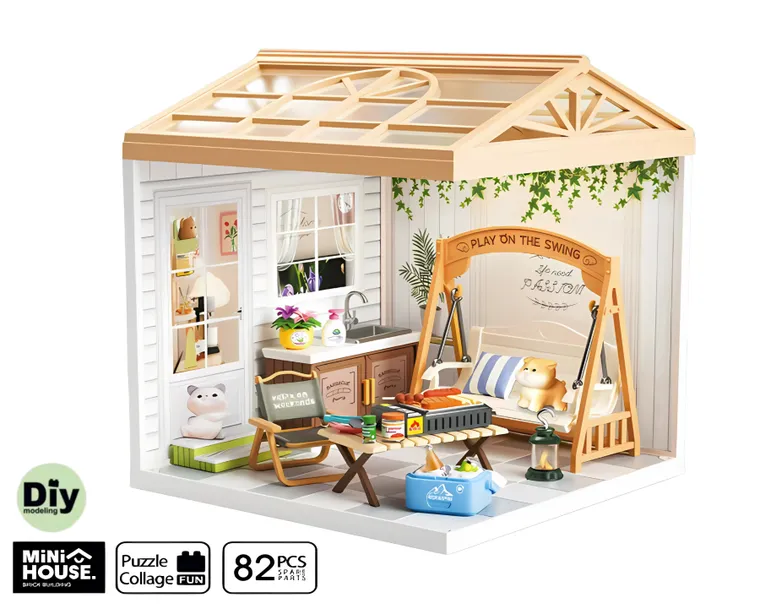 QBI, miniaturowy domek LED, wiejski ogród, puzzle 3D, 82 elementów