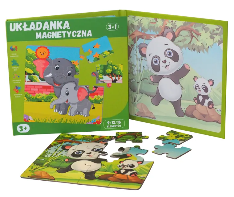 QBI, zwierzęta safari, puzzle magnetyczne, 9+12+16 elementów