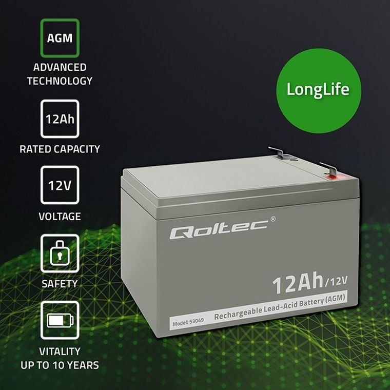 Qoltec, akumulator AGM, 12V, 12AH