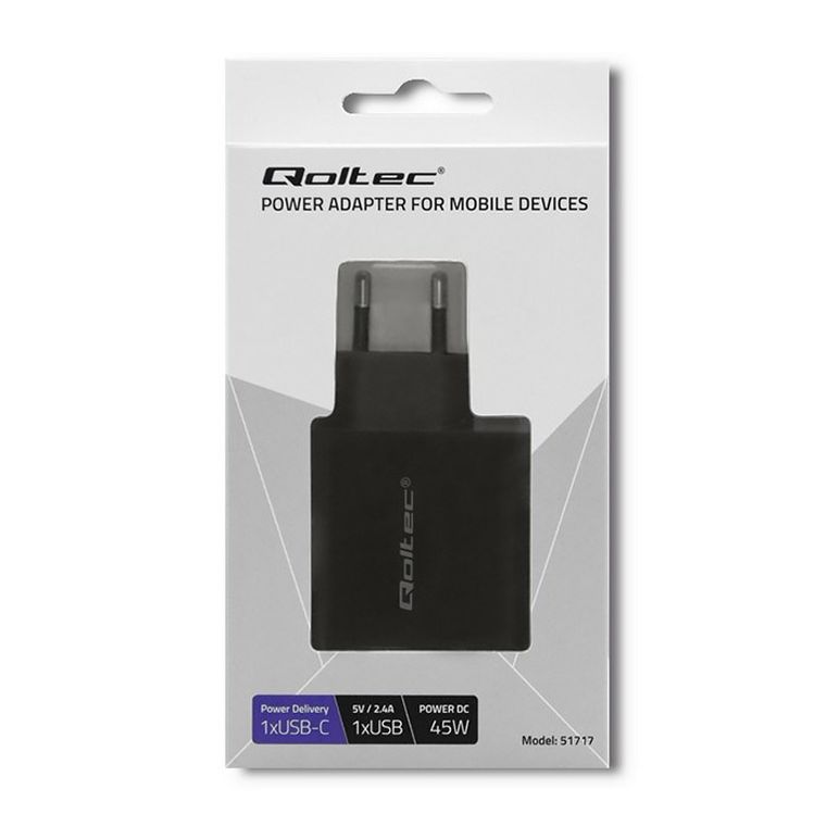 Qoltec Ładowarka Sieciowa 42w, 5-20v, 2.25-3a, USB Typ C Pd, USB, czarna