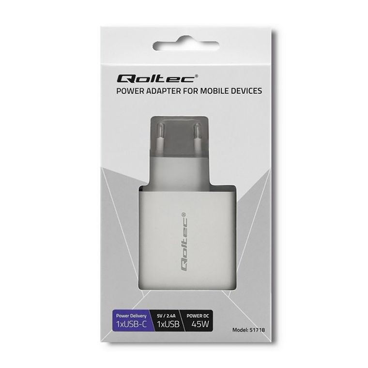 Qoltec, ładowarka sieciowa, 42W, 5-20V, 2.4-3a, USB Typ C, Pd, USB, biała
