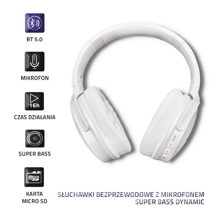Qoltec, super Bass Dynamic, słuchawki bezprzewodowe z mikrofonem, bluetooth, białe, perłowe