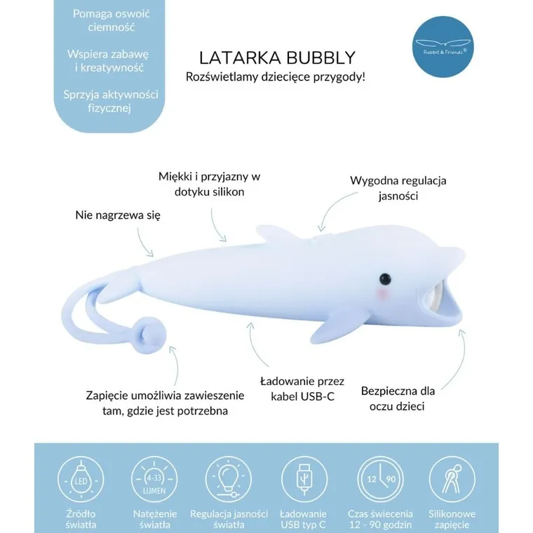Rabbit & Friends, bezpieczna latarka, Delfin Bubbly