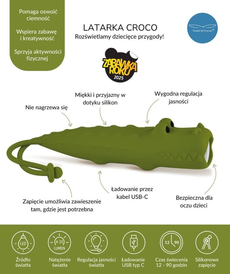 Rabbit & Friends, bezpieczna latarka, Krokodyl Croco