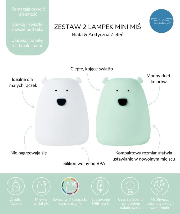Rabbit & Friends, Miś mały, zestaw lampek silikonowych, biały i arktyczna zieleń