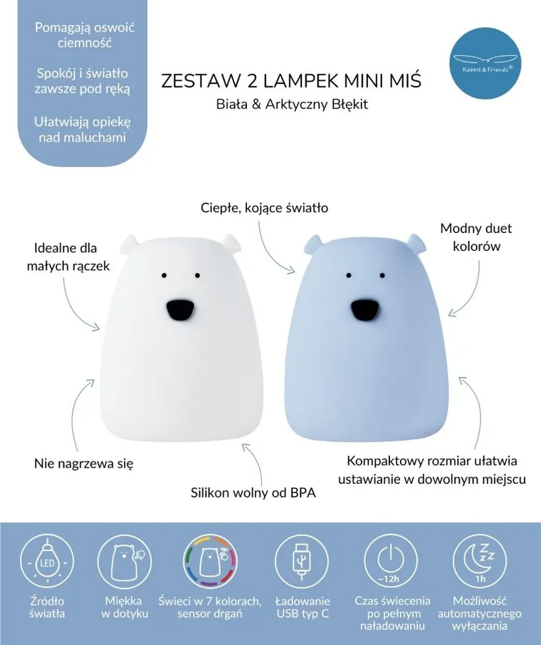 Rabbit & Friends, Miś mały, zestaw lampek silikonowych, biały i arktyczny błękit