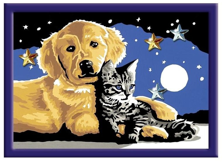 Ravensburger, CreArt, malowanka, malowanie po numerach, Pies z kotkiem nocą