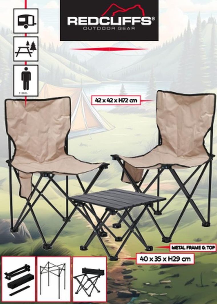 RedCliffs, zestaw turystyczny składany 3w1, stolik i 2 krzesła, beżowy