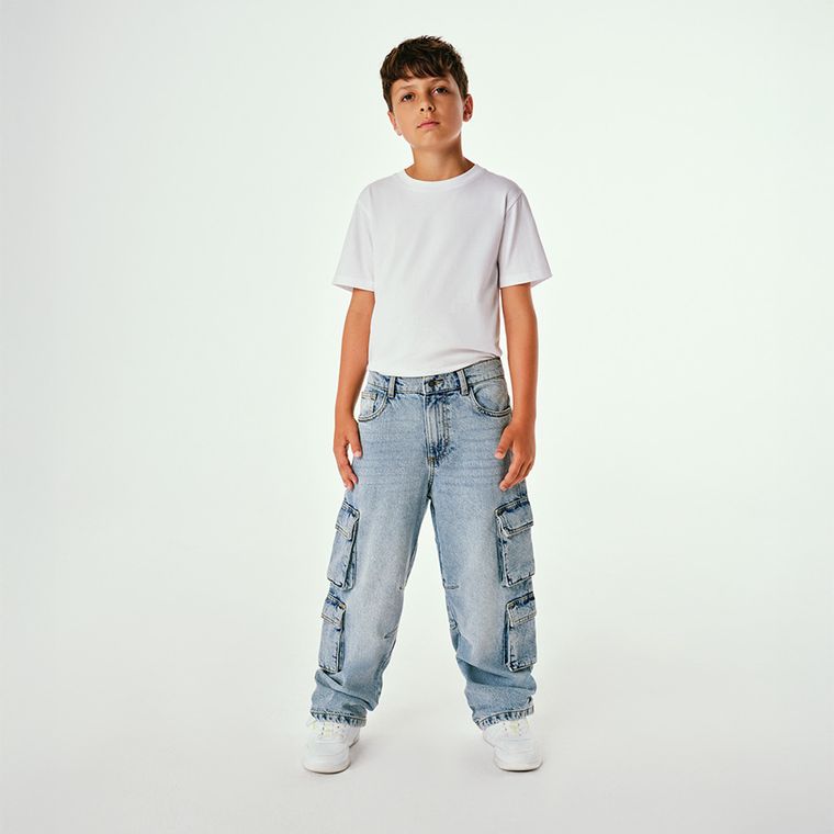 Regulowane jasnoniebieskie jeansy z przetarciami wide leg cargo Cool Club