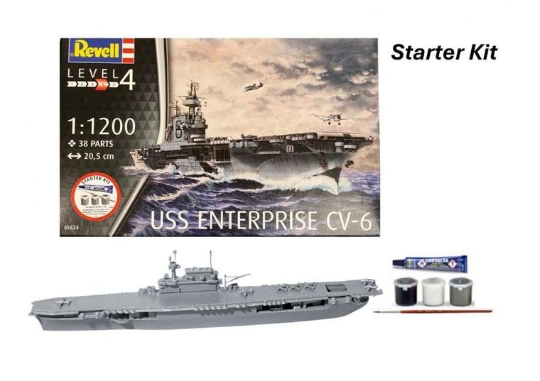 Revell, Starter Kit, USS Enterprise CV-6, model do składania z farbkami, 1:1200