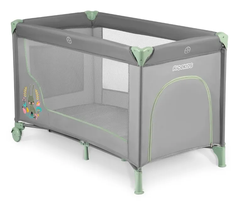 Ricokids, łóżeczko turystyczne, z materacem i torbą, szaro-miętowe