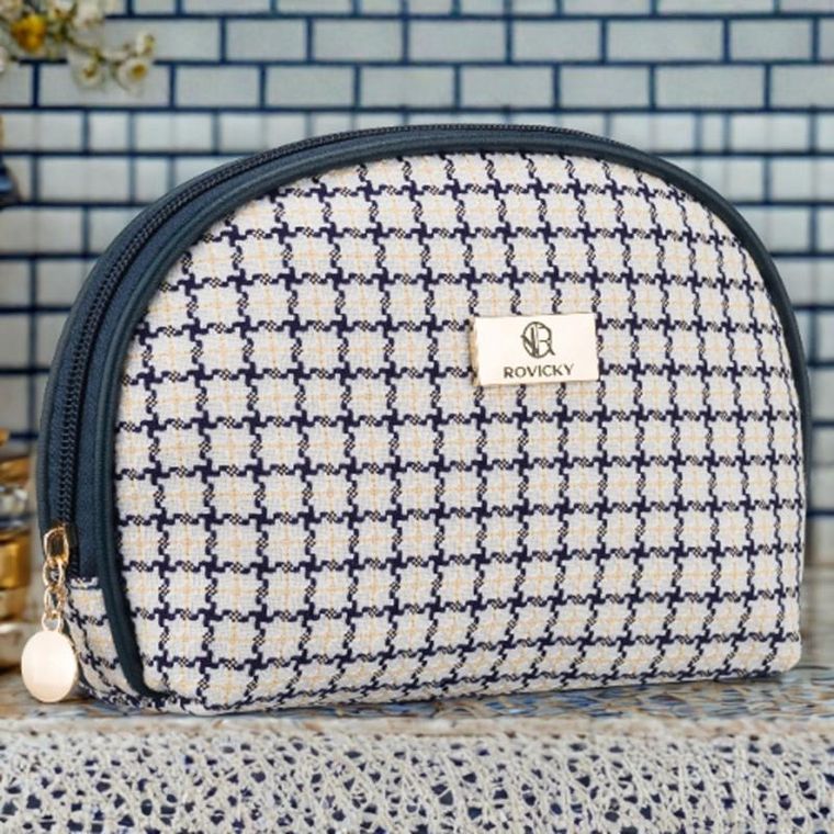 Rovicky, kosmetyczka, krata, beżowo-granatowa