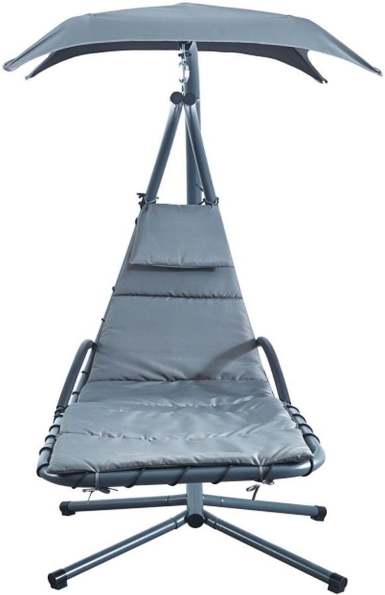 Saska garden, Lizbona, fotel bujany z parasolem, huśtawka, ciemno szara