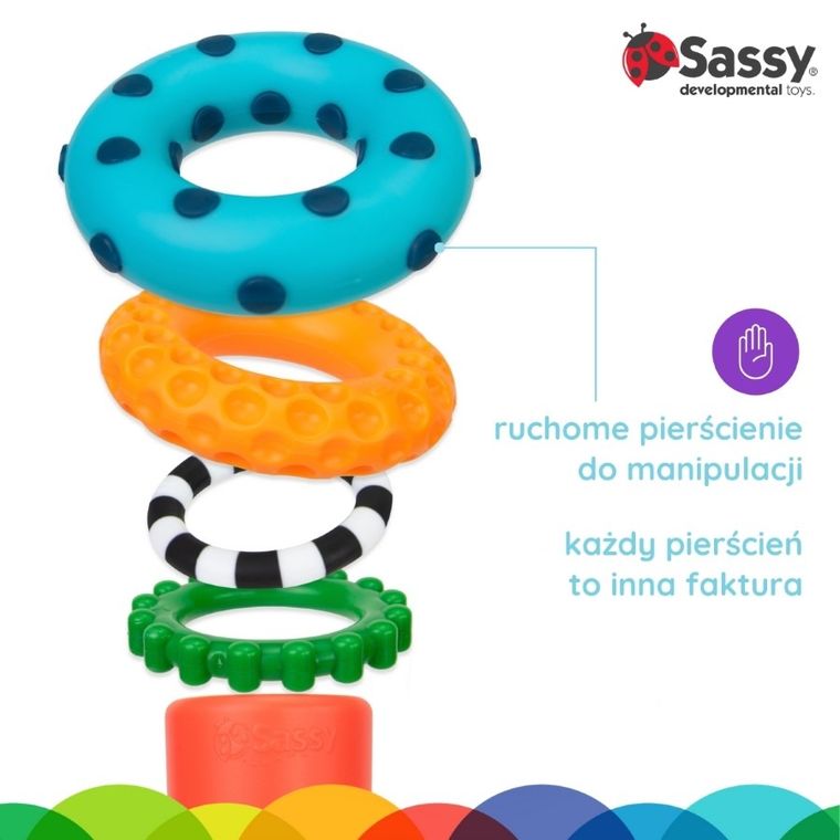 Sassy, piramidka z kółek, zabawka niemowlęca