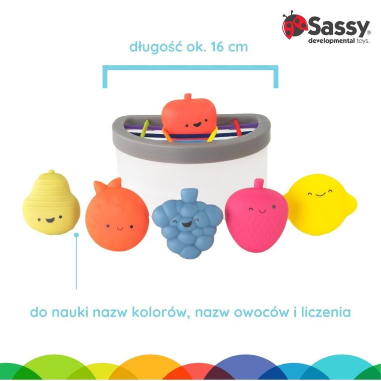 Sassy, zabawka Stem, sorter, kubeczek z owocami, 6m+