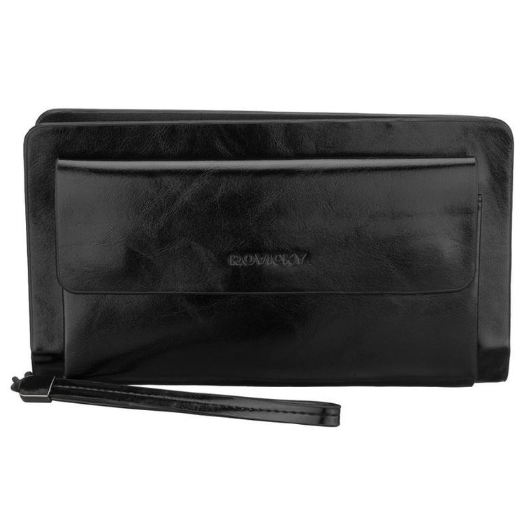 Saszetka do ręki, czarna, skóra ekologiczna, Rovicky