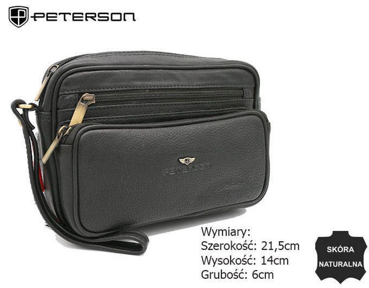 Saszetka do ręki, czarna, skórzana, Peterson